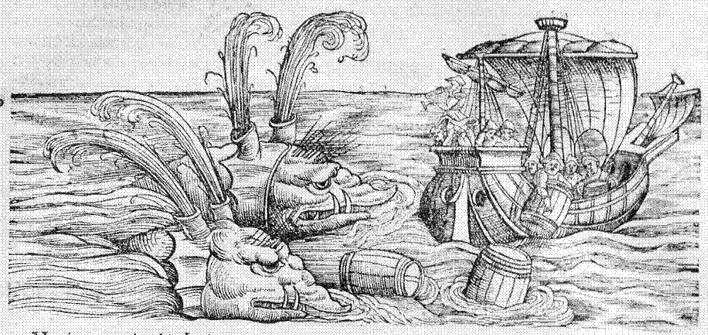 Empty barrels of beer come in handy on a voyage in this woodcut illustration from Conard Gessner’s Historia animalium, Liber 4 of 1558